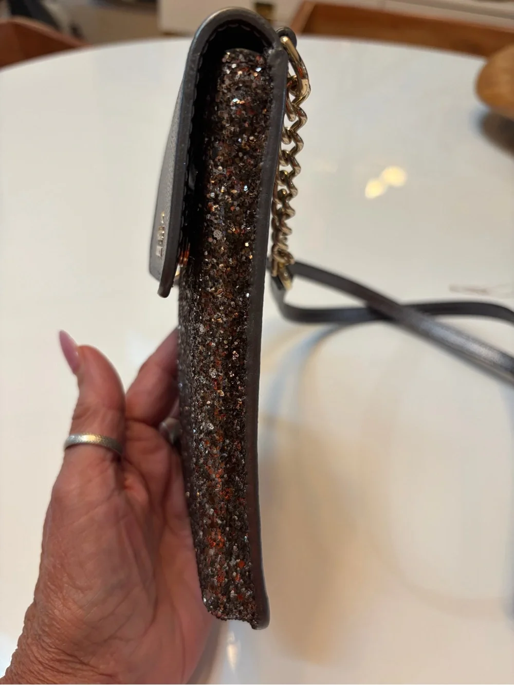 #792 kate spade Metallic Charcoal Pebbled Leather Phone Pouch with Glitter Trim